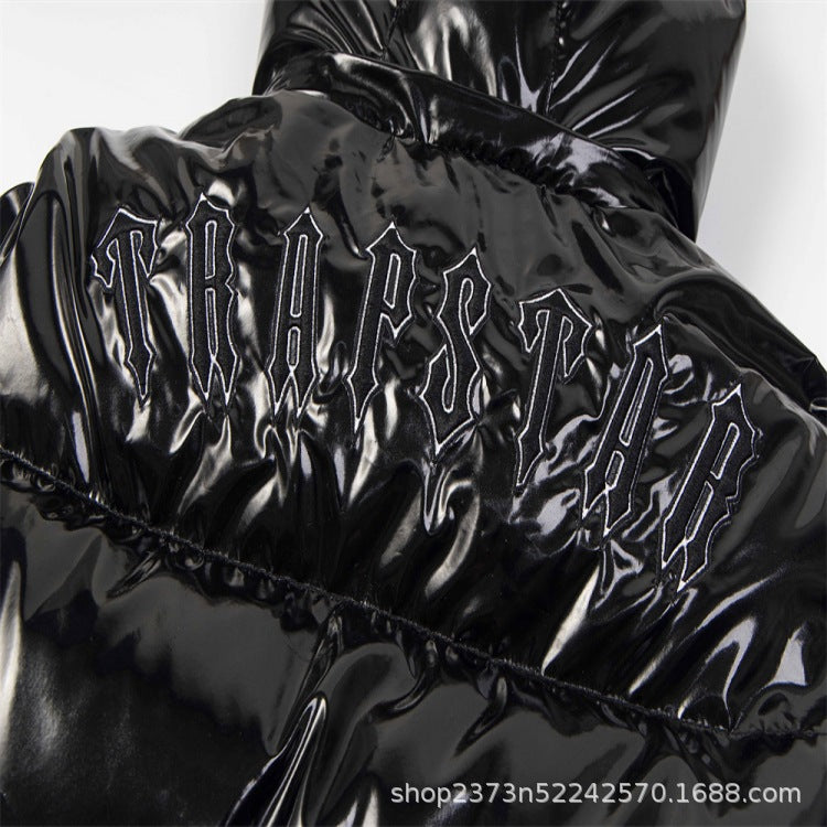 New PU Leather Black Bright Padded Cotton-padded Jacket Hat Detachable Jacket Couple Coat